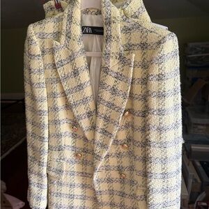 Zara Women's Yellow and Gray Tweed Blazer